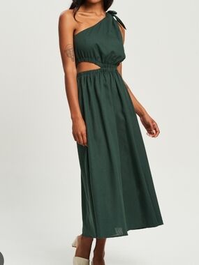 CALLI linen-cotton blend One-Shoulder Dark Green Cutout Maxi Dress